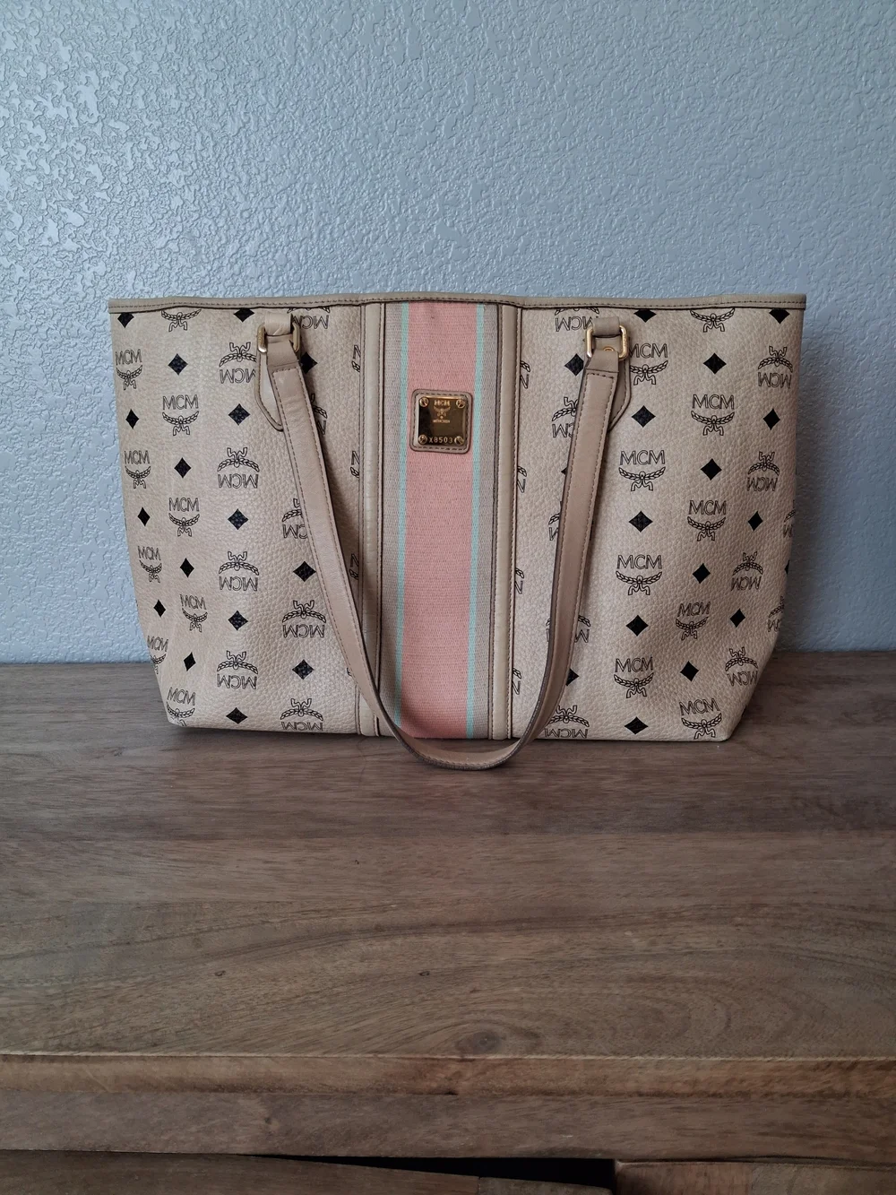 MCM Beige Canvas Tote with Pink and Mint Stripe - Picture 1 of 5